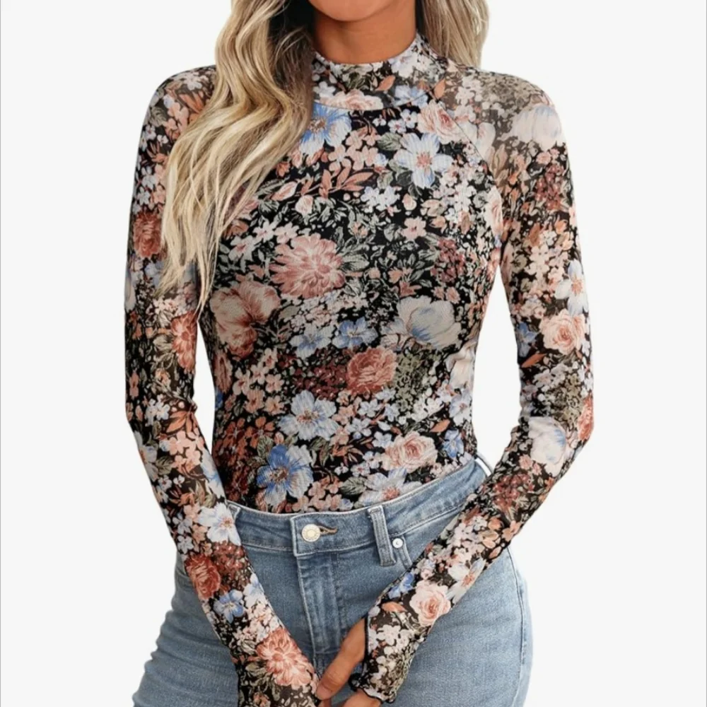 Floral Sheer Long Sleeve Women's Top, Sz L